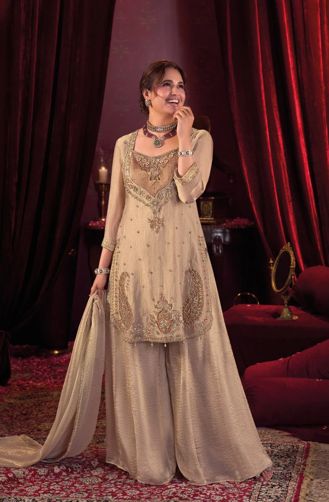 Sultana – Champagne Shimmer Kurta with Embroidered Divider & Handwork Detailing | Reception & Bridal Ethnic Wear for Women