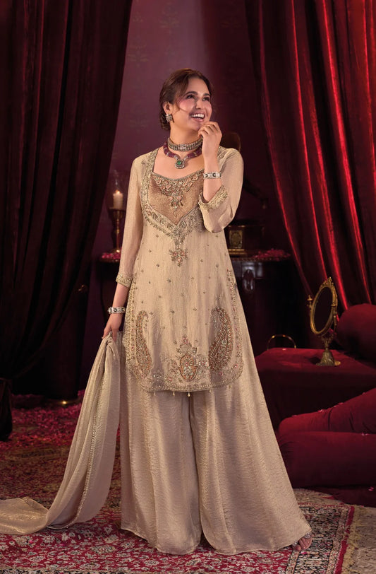 Sultana – Champagne Shimmer Kurta with Embroidered Divider & Handwork Detailing | Reception & Bridal Ethnic Wear for Women