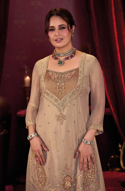 Sultana – Champagne Shimmer Kurta with Embroidered Divider & Handwork Detailing | Reception & Bridal Ethnic Wear for Women