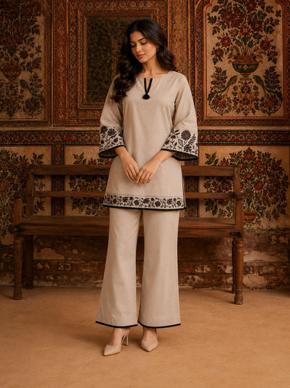 Sabreen – Beige Pure Cotton Co-ord Set with Floral Embroidered Sleeves & Contrast Piping | Office Wear & Casual Everyday Ethnic Wear for Women