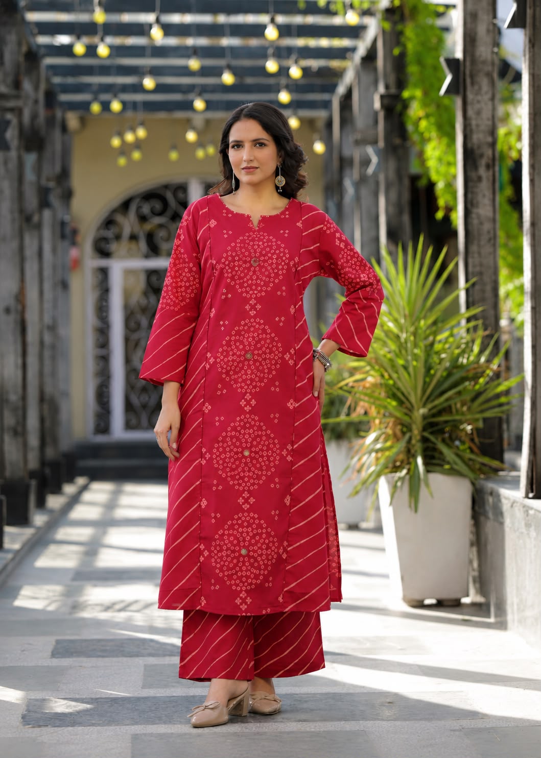 Sawaniya - Red Leheriya Pure Cotton A-Line Suit Set with Mirror Work & Palazzo | Saawan & Pooja Ethnic Wear for Women