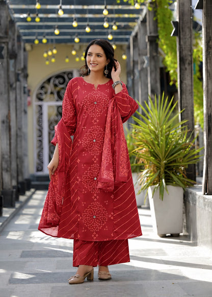 Sawaniya - Red Leheriya Pure Cotton A-Line Suit Set with Mirror Work & Palazzo | Saawan & Pooja Ethnic Wear for Women