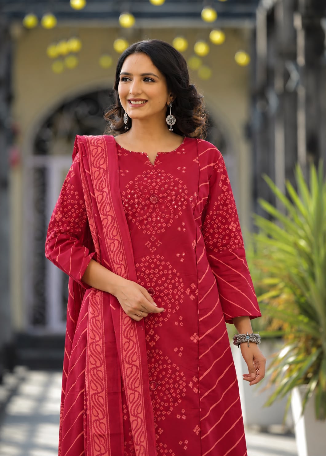 Sawaniya - Red Leheriya Pure Cotton A-Line Suit Set with Mirror Work & Palazzo | Saawan & Pooja Ethnic Wear for Women