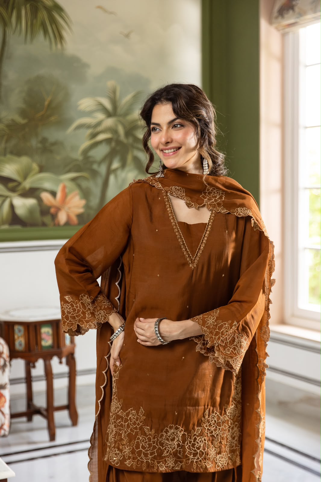 Kastoori – Rust Brown Mul Chanderi Suit Set with Farshi Salwar & Bell Sleeves | Festive & Family Function Ethnic Wear for Women