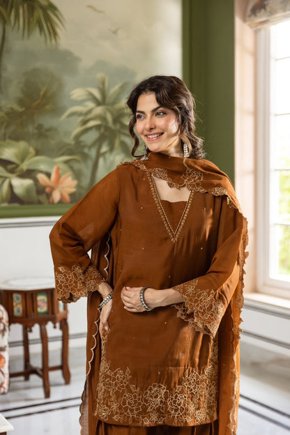 Kastoori – Rust Brown Mul Chanderi Suit Set with Farshi Salwar & Bell Sleeves | Festive & Family Function Ethnic Wear for Women