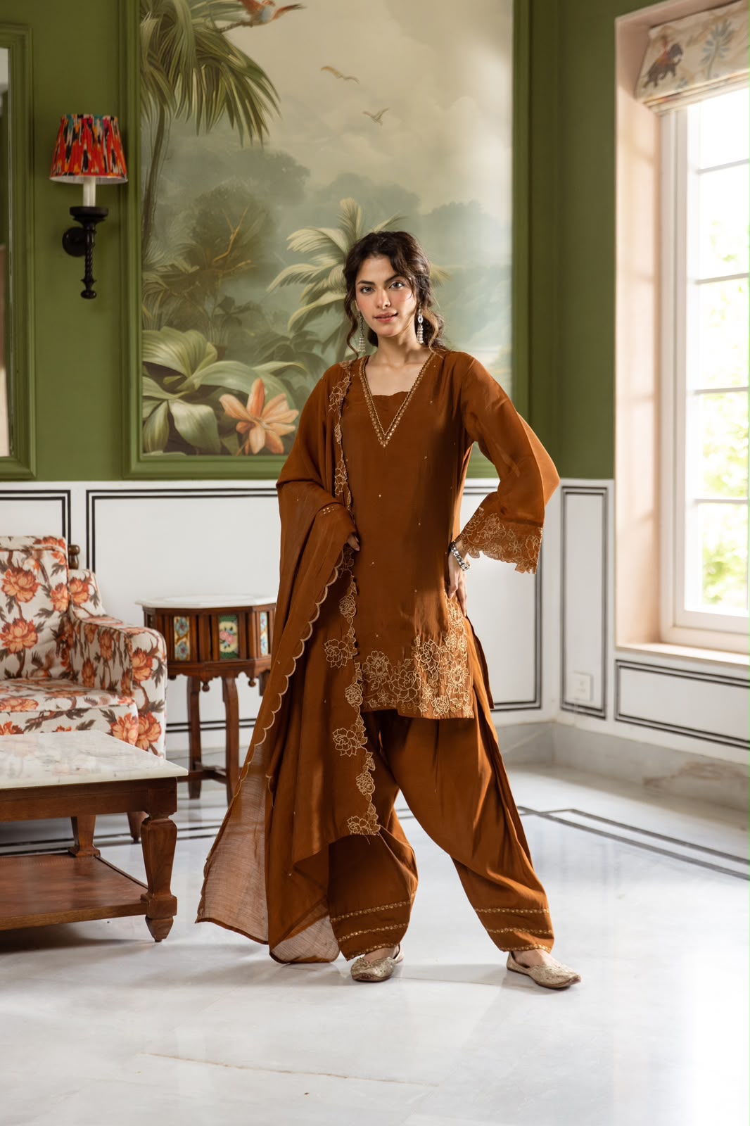 Kastoori – Rust Brown Mul Chanderi Suit Set with Farshi Salwar & Bell Sleeves | Festive & Family Function Ethnic Wear for Women