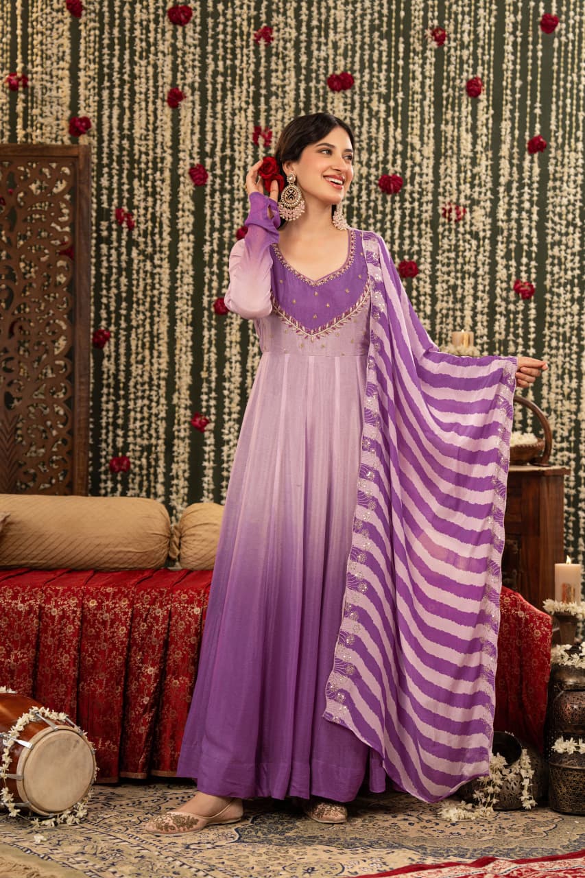 Yasmeen – Lavender Ombré Pure Chinon Anarkali Suit with Embroidered Yoke & Leheriya Dupatta | Mehendi & Festive Ethnic Wear for Women