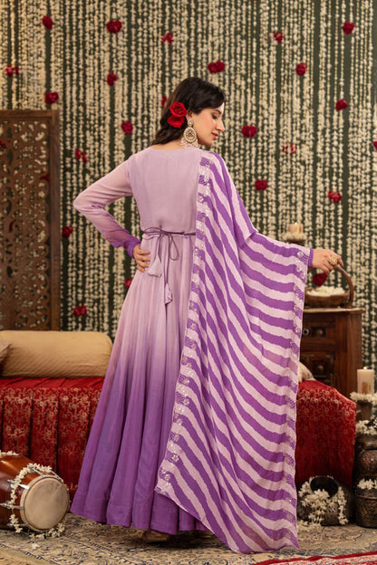 Yasmeen – Lavender Ombré Pure Chinon Anarkali Suit with Embroidered Yoke & Leheriya Dupatta | Mehendi & Festive Ethnic Wear for Women
