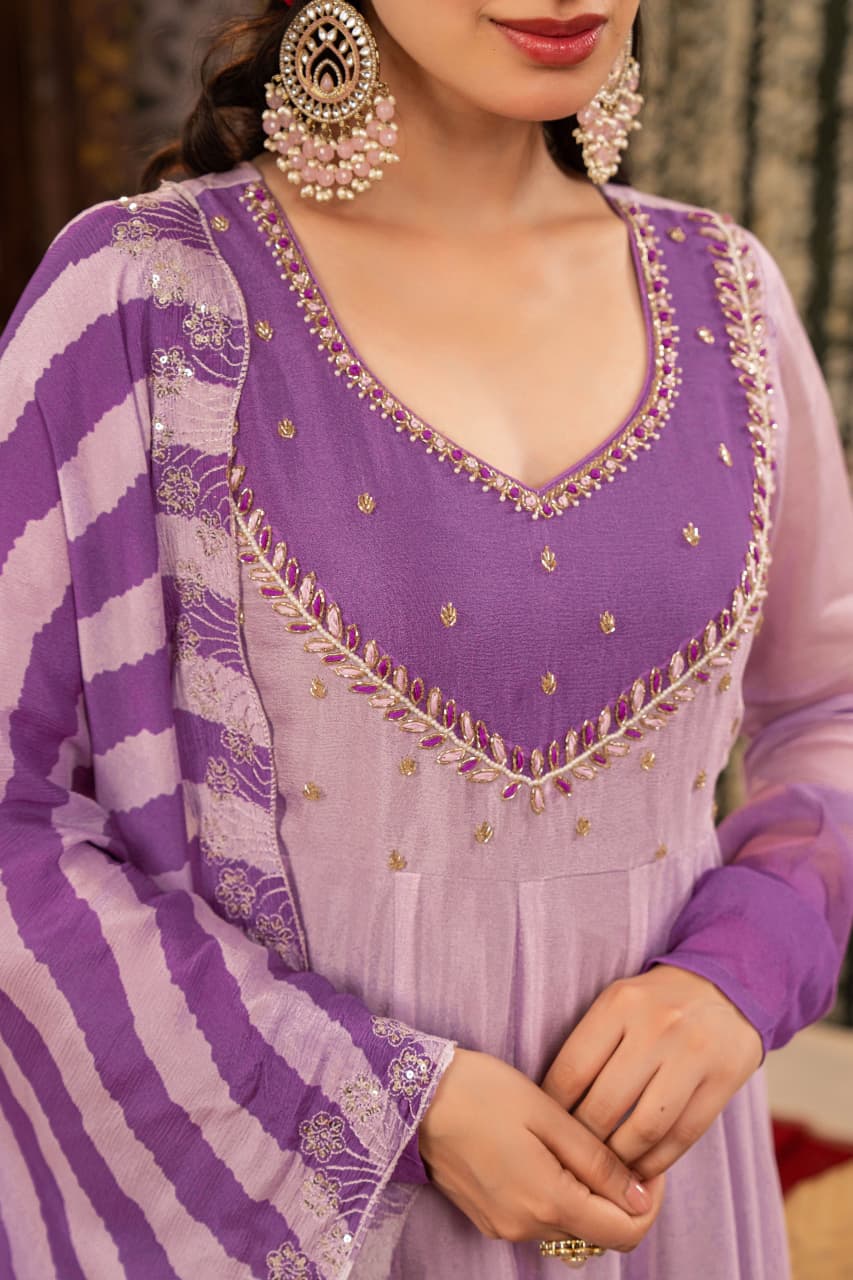 Yasmeen – Lavender Ombré Pure Chinon Anarkali Suit with Embroidered Yoke & Leheriya Dupatta | Mehendi & Festive Ethnic Wear for Women