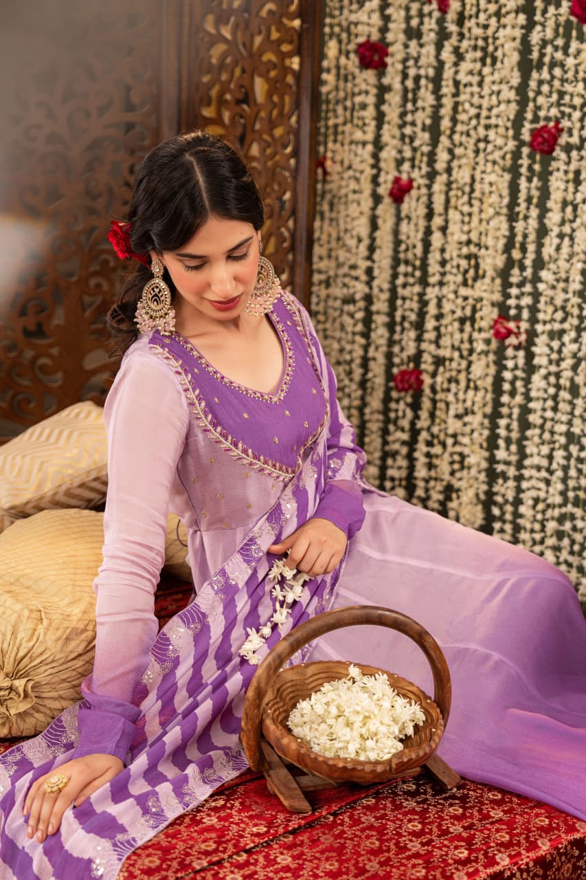Yasmeen – Lavender Ombré Pure Chinon Anarkali Suit with Embroidered Yoke & Leheriya Dupatta | Mehendi & Festive Ethnic Wear for Women