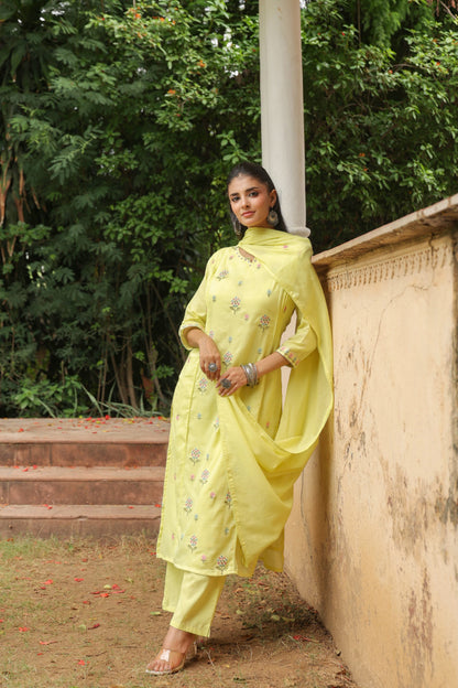 Noor-e-Sabah – Lemon Yellow Mul Cotton Embroidered Suit Set with Booti Work & Straight Pants | Office Wear & Daily Pooja Ethnic Wear for Women