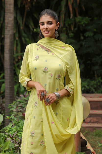 Noor-e-Sabah – Lemon Yellow Mul Cotton Embroidered Suit Set with Booti Work & Straight Pants | Office Wear & Daily Pooja Ethnic Wear for Women