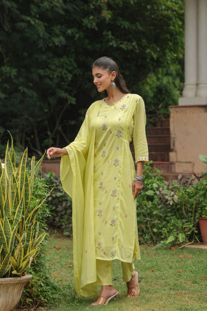 Noor-e-Sabah – Lemon Yellow Mul Cotton Embroidered Suit Set with Booti Work & Straight Pants | Office Wear & Daily Pooja Ethnic Wear for Women