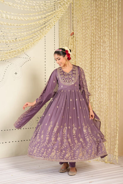 Nasreen – Mauve Purple Pure Chinon Anarkali Suit with Mirror-Embroidered Yoke & Dupatta | Rakhi & Festive Ethnic Wear for Women