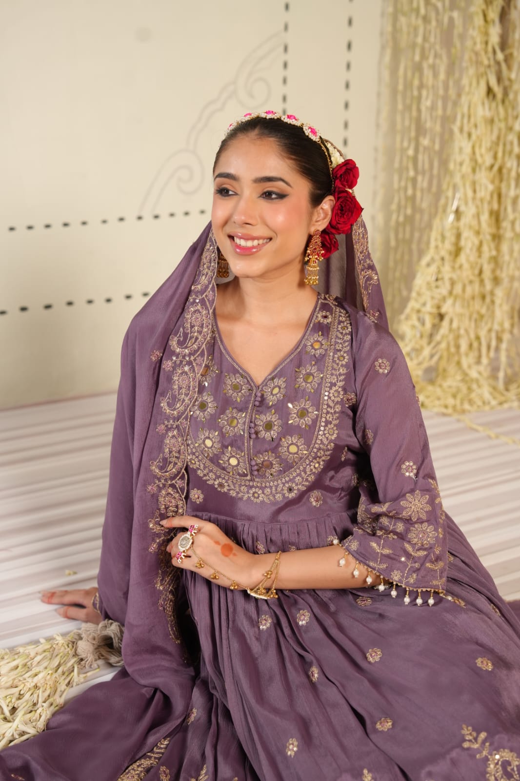Nasreen – Mauve Purple Pure Chinon Anarkali Suit with Mirror-Embroidered Yoke & Dupatta | Rakhi & Festive Ethnic Wear for Women