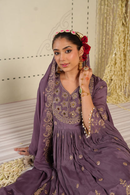 Nasreen – Mauve Purple Pure Chinon Anarkali Suit with Mirror-Embroidered Yoke & Dupatta | Rakhi & Festive Ethnic Wear for Women