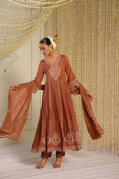 Sanwal – Rust Copper Pure Chinon Anarkali Suit with Mirror-Embroidered Yoke & Dupatta | Mehendi & Festive Ethnic Wear for Women