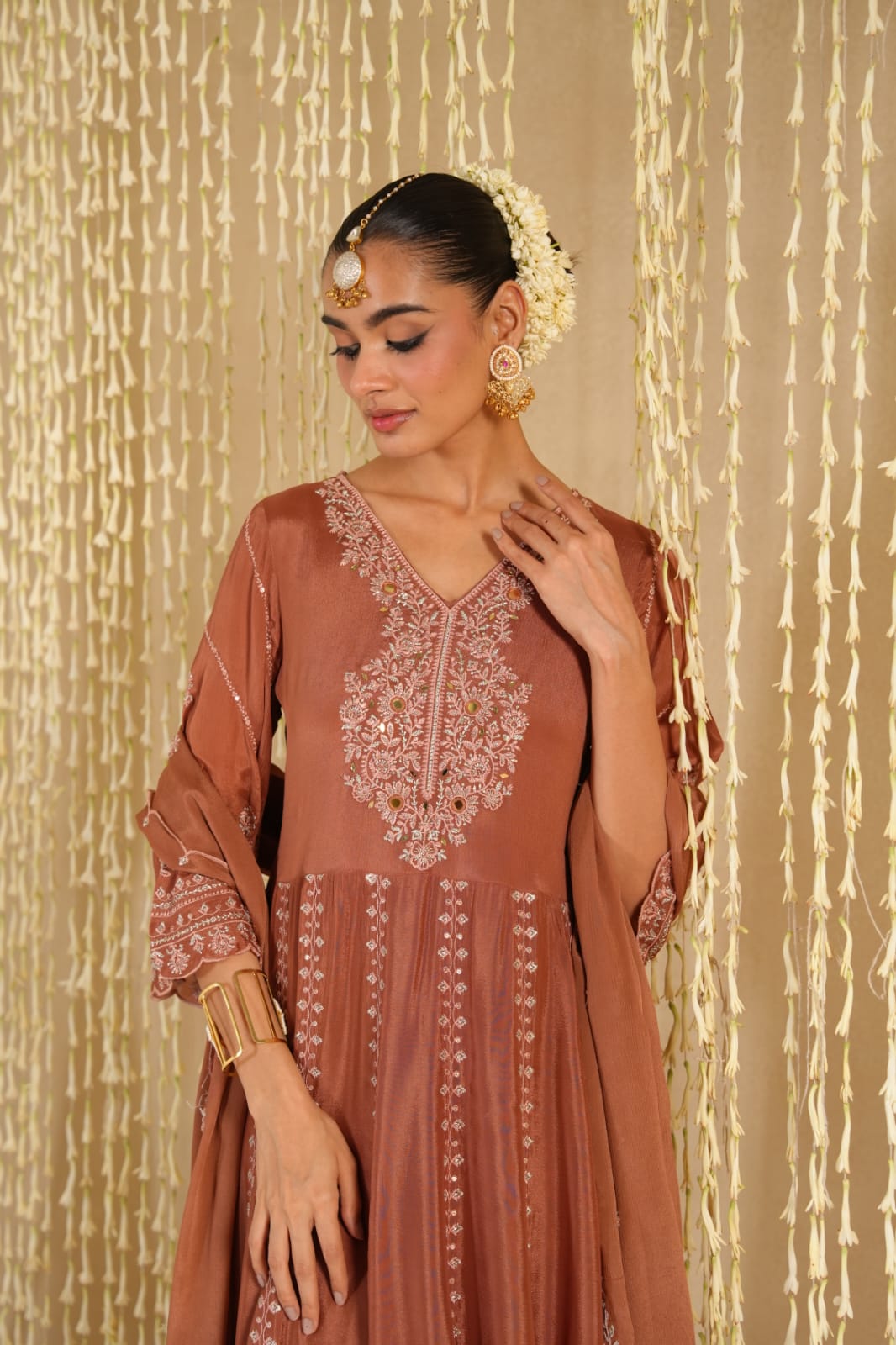 Sanwal – Rust Copper Pure Chinon Anarkali Suit with Mirror-Embroidered Yoke & Dupatta | Mehendi & Festive Ethnic Wear for Women