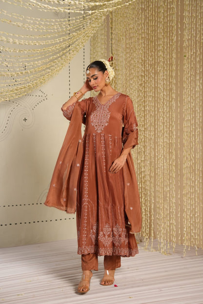 Sanwal – Rust Copper Pure Chinon Anarkali Suit with Mirror-Embroidered Yoke & Dupatta | Mehendi & Festive Ethnic Wear for Women