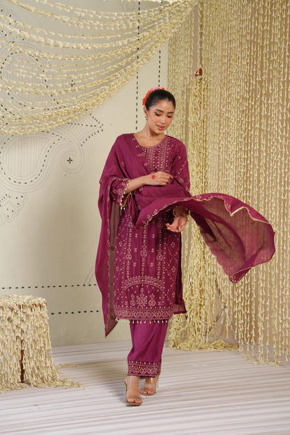 Meherbaan – Wine Purple Pure Chinon Embroidered Kurta Set with Palazzo & Dupatta | Sangeet & Festive Ethnic Wear for Women