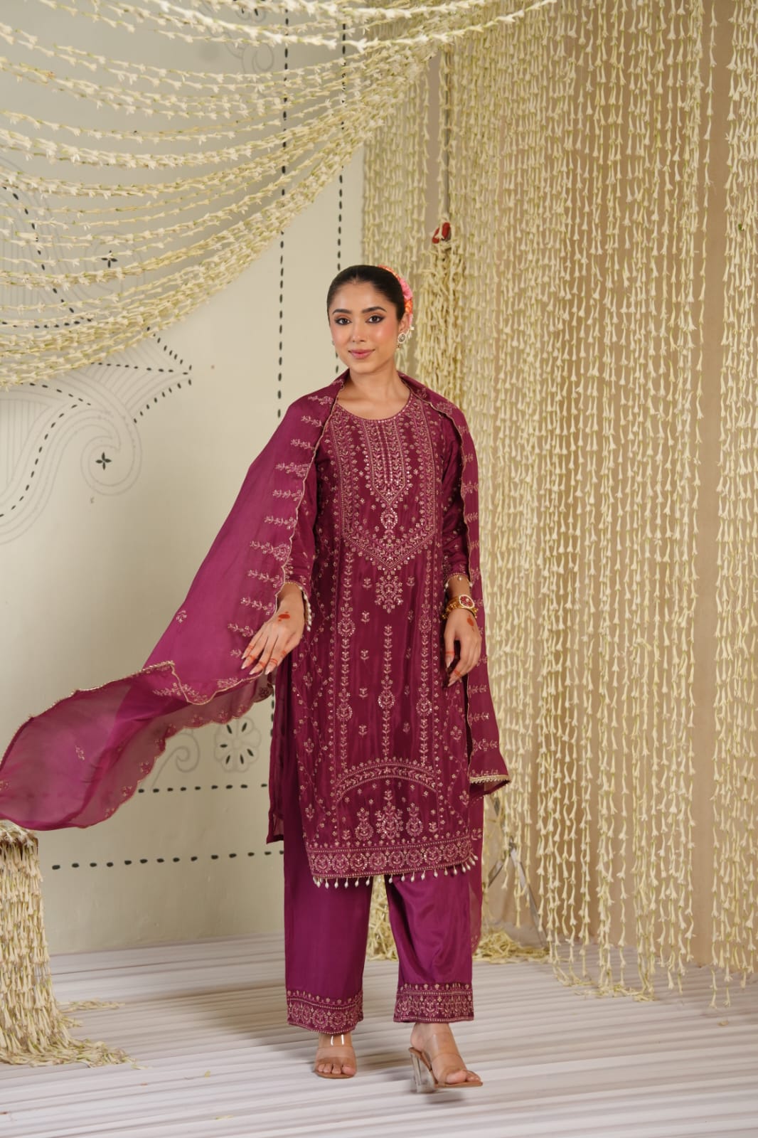 Meherbaan – Wine Purple Pure Chinon Embroidered Kurta Set with Palazzo & Dupatta | Sangeet & Festive Ethnic Wear for Women