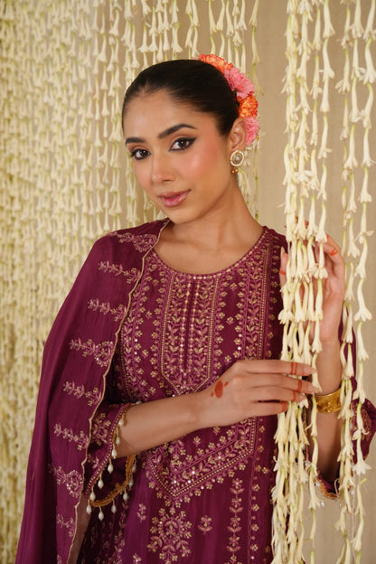 Meherbaan – Wine Purple Pure Chinon Embroidered Kurta Set with Palazzo & Dupatta | Sangeet & Festive Ethnic Wear for Women