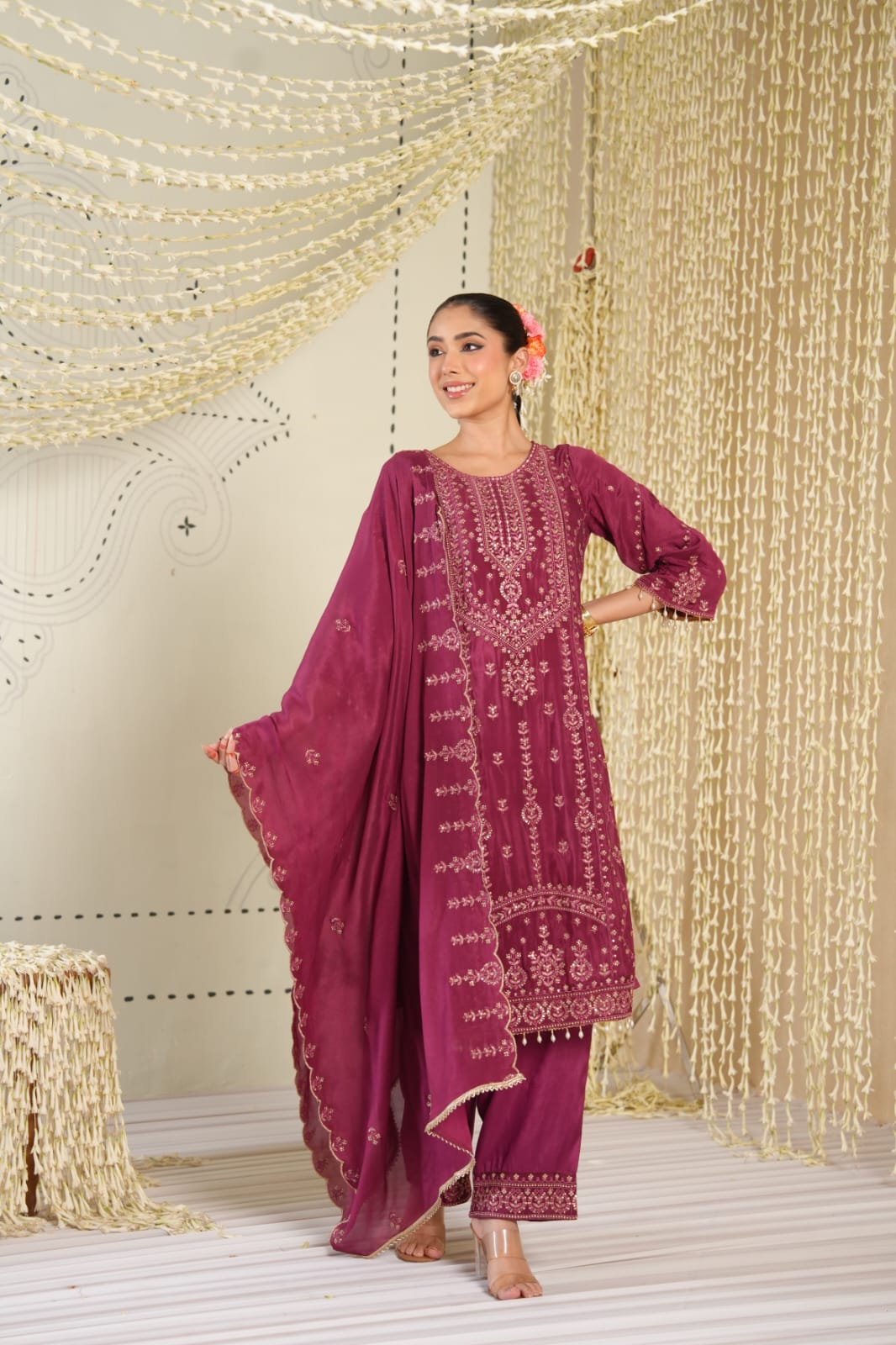 Meherbaan – Wine Purple Pure Chinon Embroidered Kurta Set with Palazzo & Dupatta | Sangeet & Festive Ethnic Wear for Women