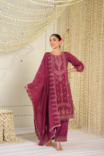 Meherbaan – Wine Purple Pure Chinon Embroidered Kurta Set with Palazzo & Dupatta | Sangeet & Festive Ethnic Wear for Women