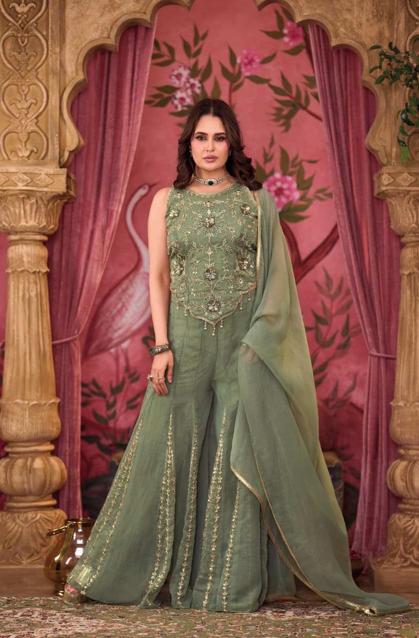 Rang-o-Bu – Sage Green Pure Chinon Embroidered Dupatta Set with Sequin Work & Sharara Pants | Engagement & Cocktail Ethnic Wear for Women