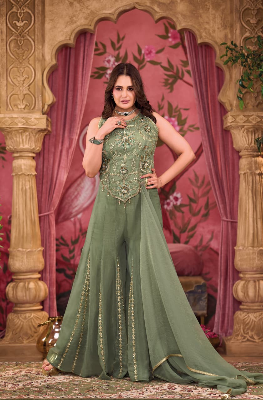 Rang-o-Bu – Sage Green Pure Chinon Embroidered Dupatta Set with Sequin Work & Sharara Pants | Engagement & Cocktail Ethnic Wear for Women