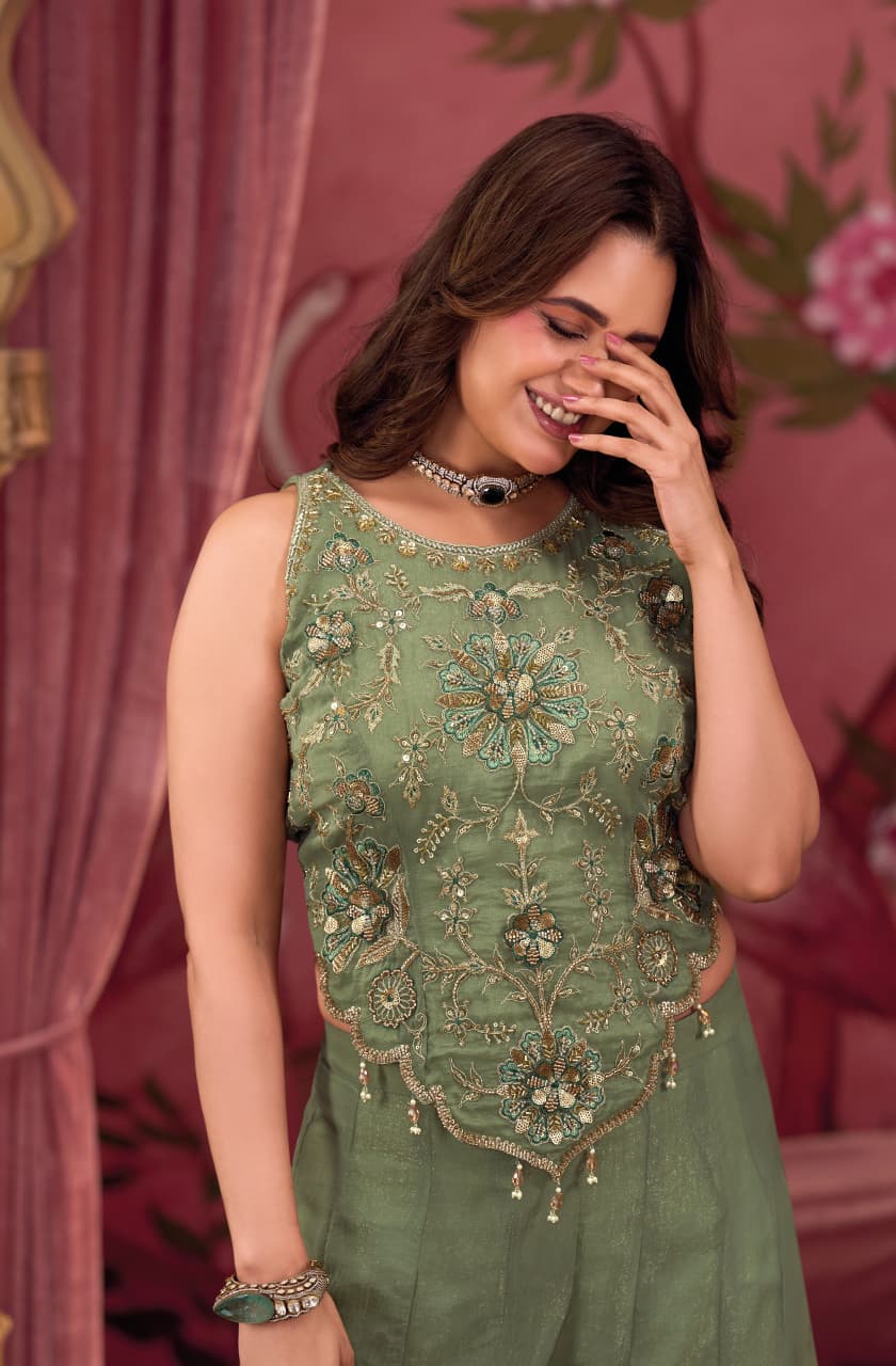 Rang-o-Bu – Sage Green Pure Chinon Embroidered Dupatta Set with Sequin Work & Sharara Pants | Engagement & Cocktail Ethnic Wear for Women