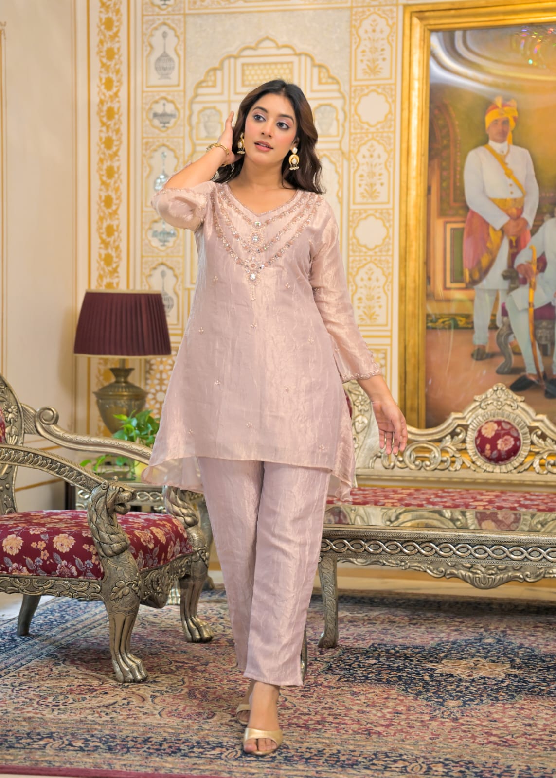 Zoya – Rose Gold Shimmer Tissue Co-ord Set with Kundan Stone Necklace Embroidery | Reception & Cocktail Ethnic Wear for Women