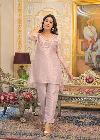 Zoya – Rose Gold Shimmer Tissue Co-ord Set with Kundan Stone Necklace Embroidery | Reception & Cocktail Ethnic Wear for Women