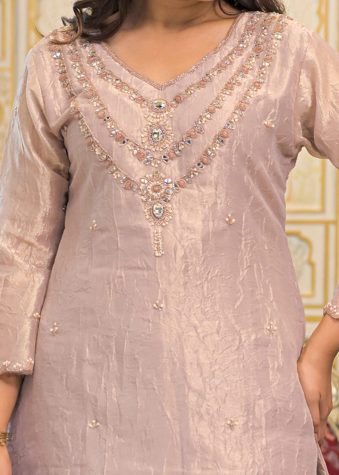 Zoya – Rose Gold Shimmer Tissue Co-ord Set with Kundan Stone Necklace Embroidery | Reception & Cocktail Ethnic Wear for Women