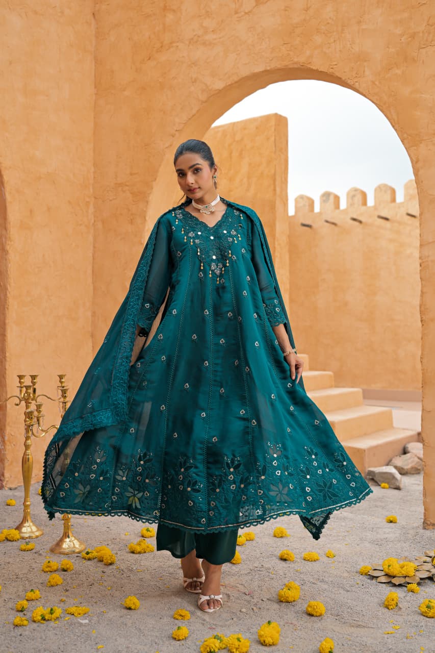 Nasheen – Teal Mul Chanderi Anarkali Suit Set with Mirror & Sequin Embroidered Yoke | Diwali & Mehendi Ethnic Wear for Women
