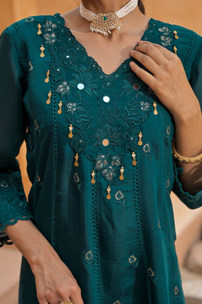 Nasheen – Teal Mul Chanderi Anarkali Suit Set with Mirror & Sequin Embroidered Yoke | Diwali & Mehendi Ethnic Wear for Women