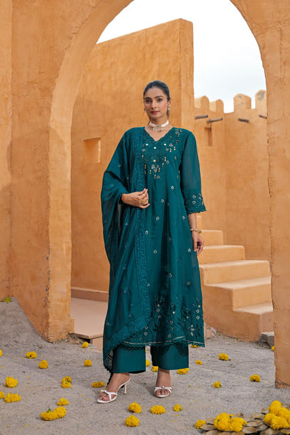 Nasheen – Teal Mul Chanderi Anarkali Suit Set with Mirror & Sequin Embroidered Yoke | Diwali & Mehendi Ethnic Wear for Women