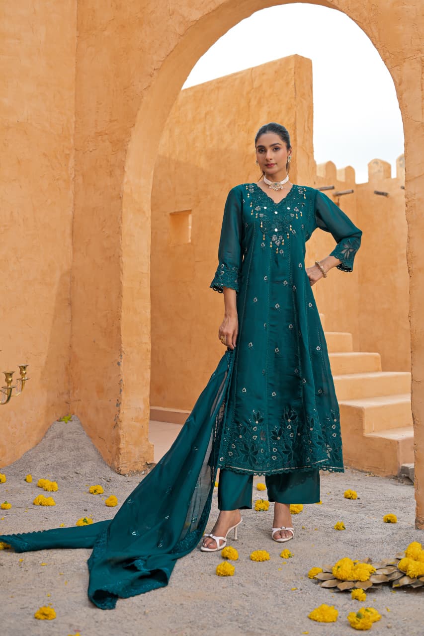 Nasheen – Teal Mul Chanderi Anarkali Suit Set with Mirror & Sequin Embroidered Yoke | Diwali & Mehendi Ethnic Wear for Women