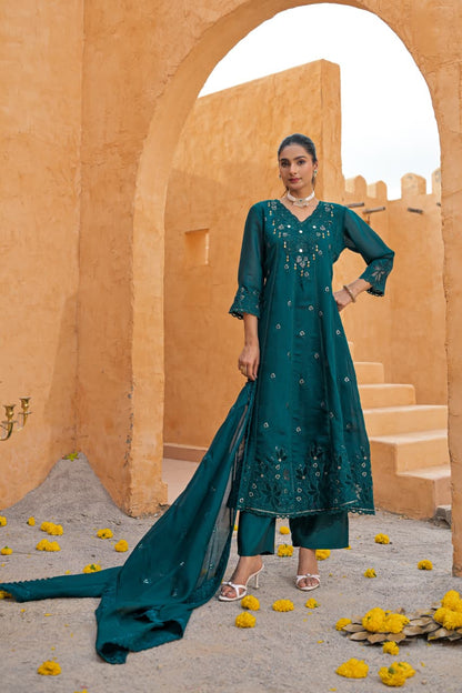 Nasheen – Teal Mul Chanderi Anarkali Suit Set with Mirror & Sequin Embroidered Yoke | Diwali & Mehendi Ethnic Wear for Women
