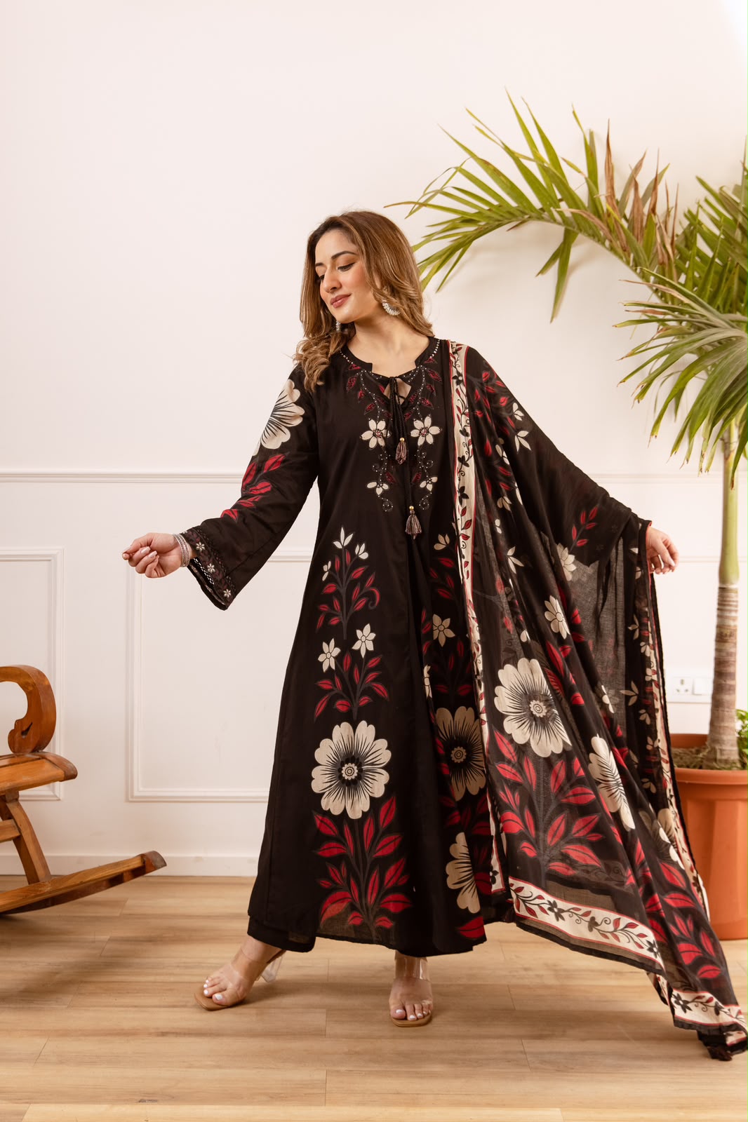 Yasmin – Black Floral Printed Cotton Anarkali Suit with Tasseled Neckline | Office Wear & Casual Festive Ethnic Wear for Women