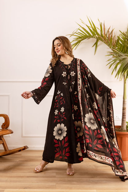 Yasmin – Black Floral Printed Cotton Anarkali Suit with Tasseled Neckline | Office Wear & Casual Festive Ethnic Wear for Women