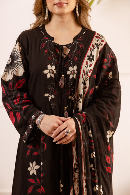 Yasmin – Black Floral Printed Cotton Anarkali Suit with Tasseled Neckline | Office Wear & Casual Festive Ethnic Wear for Women