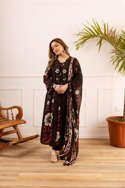 Yasmin – Black Floral Printed Cotton Anarkali Suit with Tasseled Neckline | Office Wear & Casual Festive Ethnic Wear for Women