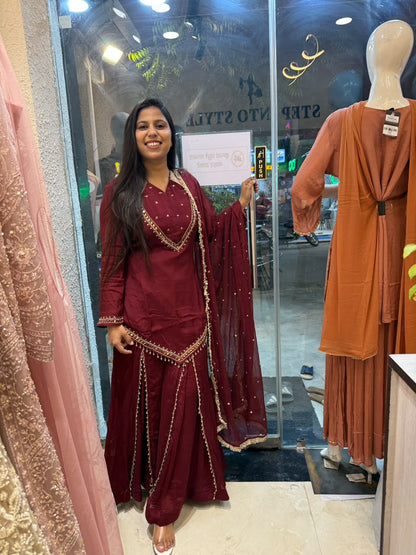 Rehmat – Burgundy Pure Chinnon Sharara Suit Set with Beaded Waist Belt | Navratri & Karva Chauth Ethnic Wear for Women