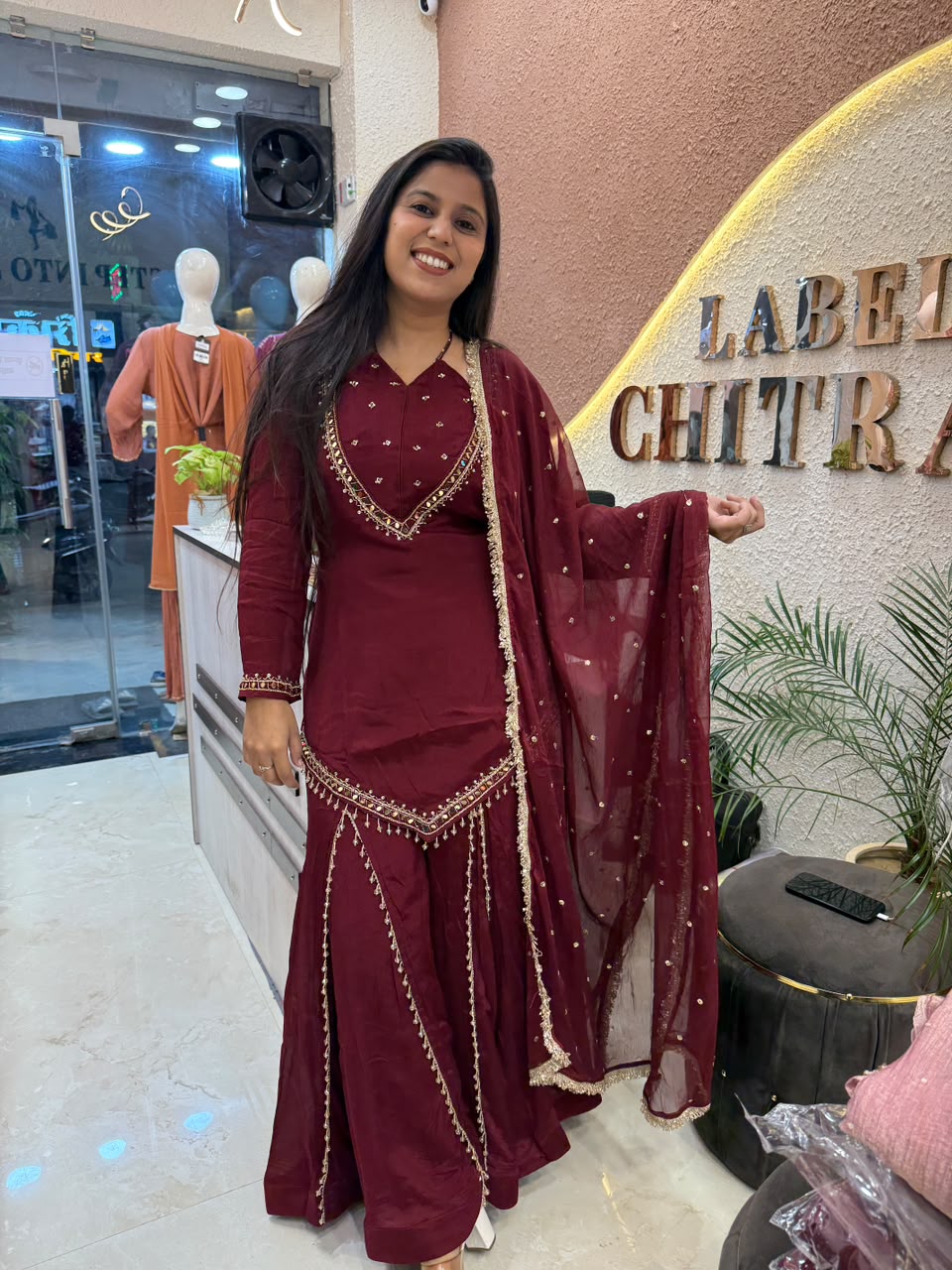 Rehmat – Burgundy Pure Chinnon Sharara Suit Set with Beaded Waist Belt | Navratri & Karva Chauth Ethnic Wear for Women
