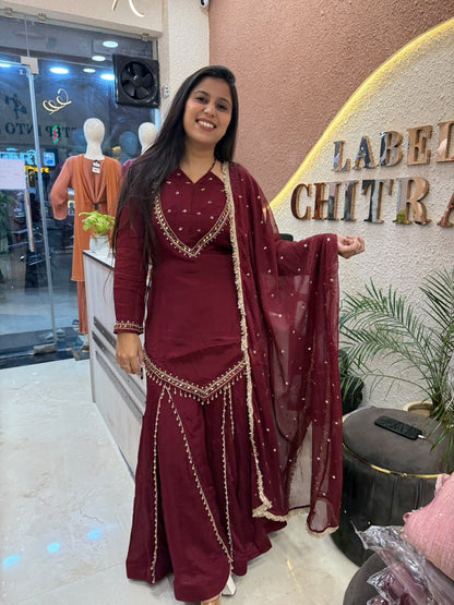 Rehmat – Burgundy Pure Chinnon Sharara Suit Set with Beaded Waist Belt | Navratri & Karva Chauth Ethnic Wear for Women