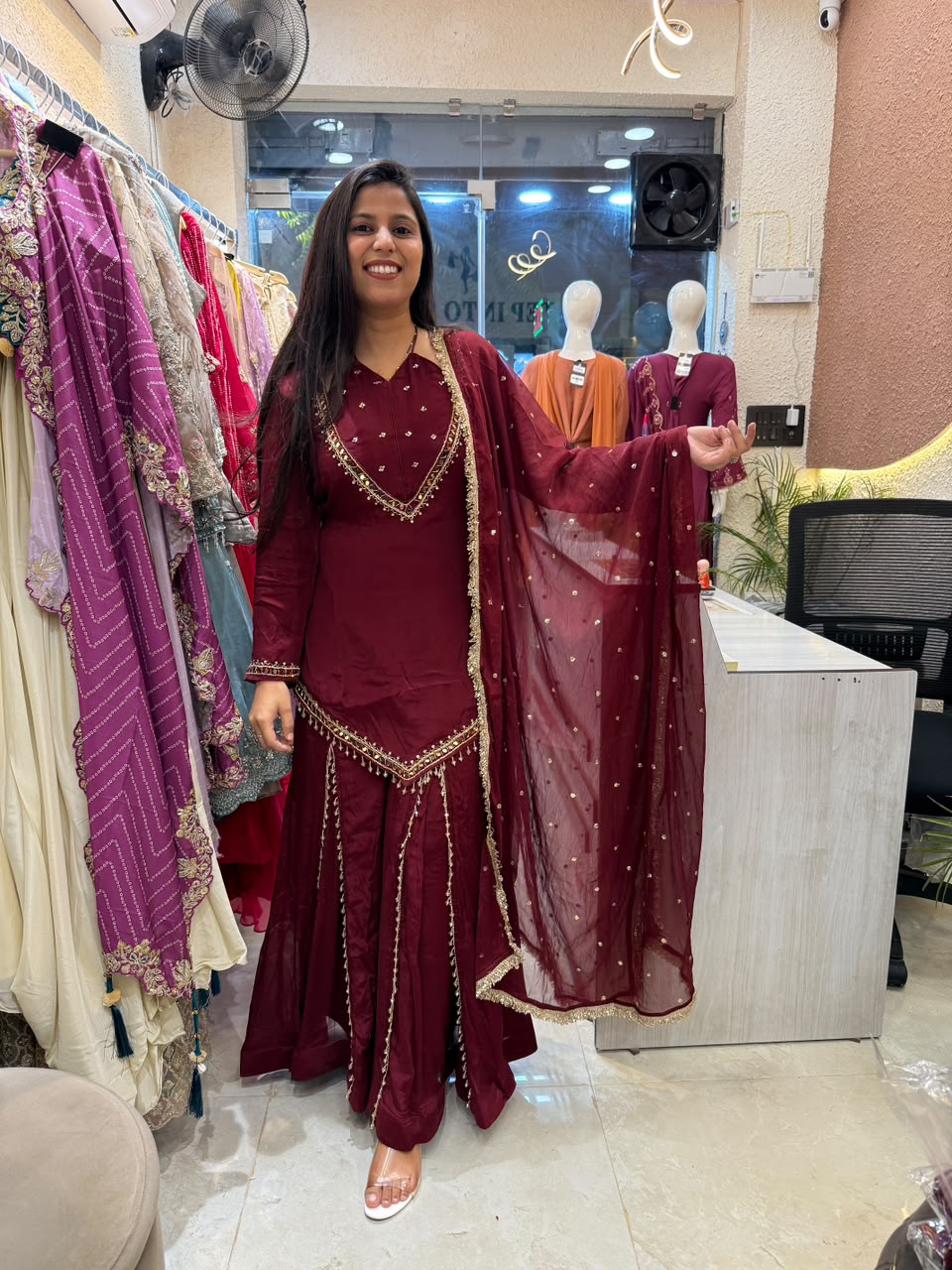 Rehmat – Burgundy Pure Chinnon Sharara Suit Set with Beaded Waist Belt | Navratri & Karva Chauth Ethnic Wear for Women