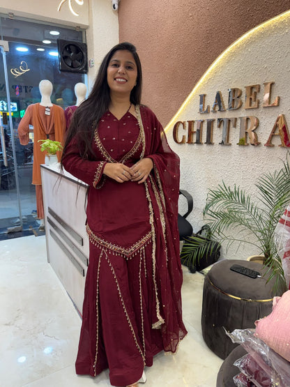 Rehmat – Burgundy Pure Chinnon Sharara Suit Set with Beaded Waist Belt | Navratri & Karva Chauth Ethnic Wear for Women