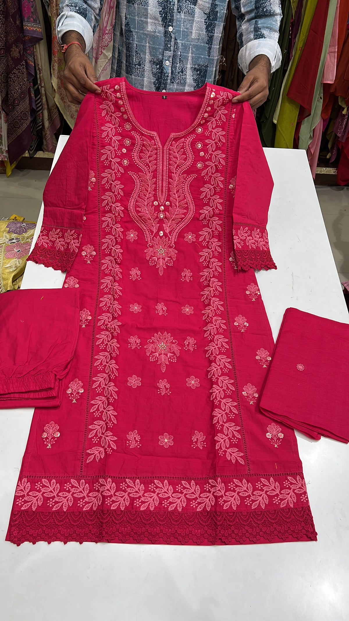 Nazakat – Rani Pink Pure Cotton Chikankari Embroidered Suit Set with Lace Hem | Office Wear & Festive Daywear for Women