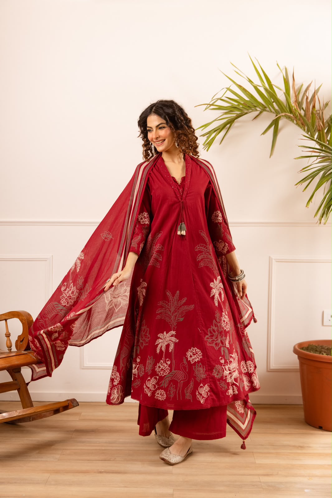 Farheen – Red Printed Cotton A-Line Suit Set with Palm & Floral Motif Dupatta | Office Wear & Festive Daywear for Women